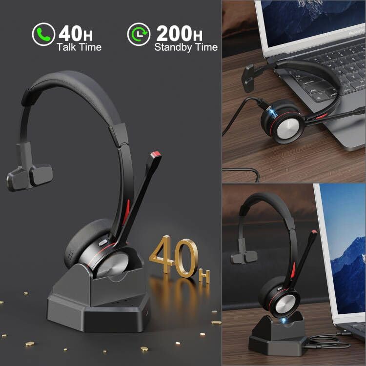 [AUSTRALIA] - Bluetooth Headset with Microphone Noise Cacenling, Mono Wireless Headset with Mic & Mute Button, 40 Hrs Working Time, Bluetooth Office PC Headset for Call Center Work Laptop Teams Meeting 890BT 