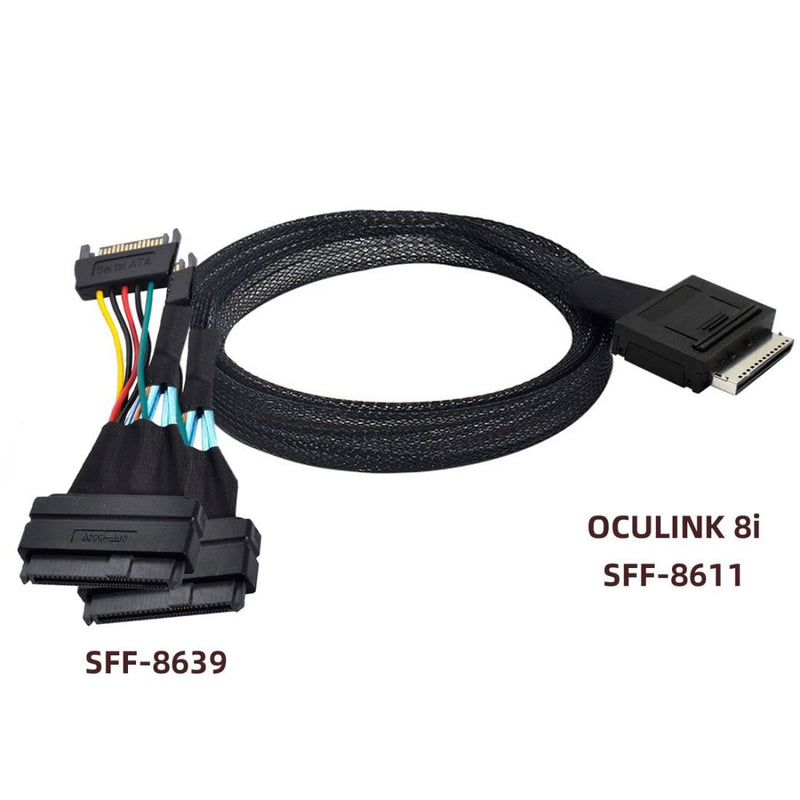 Chenyang SFF-8611 to SFF-8639 Cable,OCuLink PCIe PCI-Express SFF-8611 8X 8-Lane to 2 SFF-8639 U.2 4X SSD Data Active Cable 50cm Oculink 8X to Dual SFF-8639