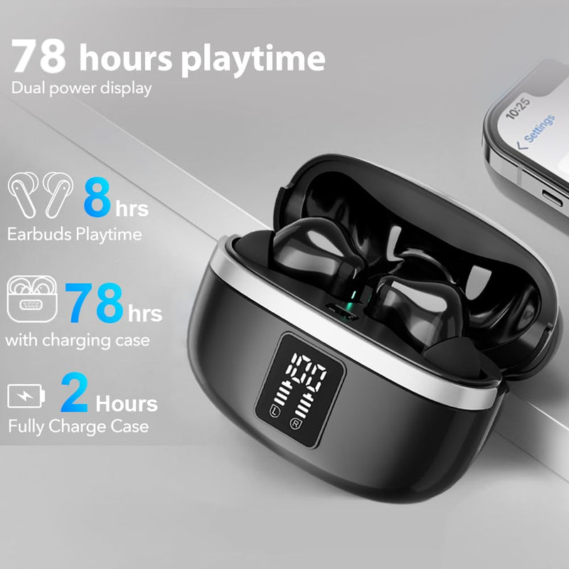 Bluetooth Earbuds Wireless Headphones, 50H Deep Bass Ear Buds with 4 Noise Cancelling Microphone, IPX5 Waterproof Earphones for iPhone Android audifonos inalambricos (Deep Black) Deep black