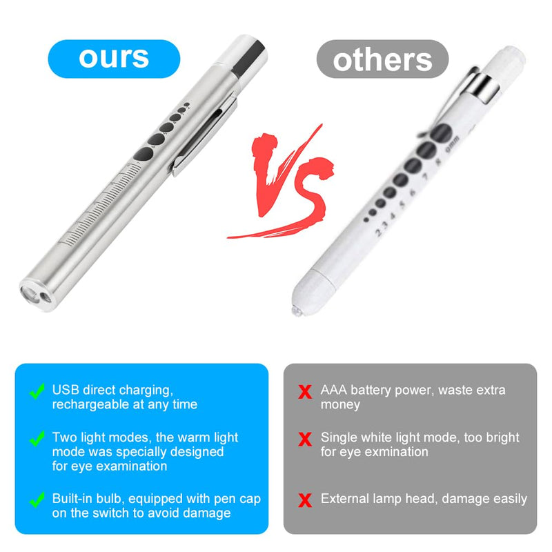 Flintronic 2 x Pupil Light Medicine, Diagnostic Light Nurse Emergency Service Accessories, with Pupil Meter & Ruler, Rechargeable USB LED Pen Lamp for Nurses, Students, Doctors 2pcs-silver