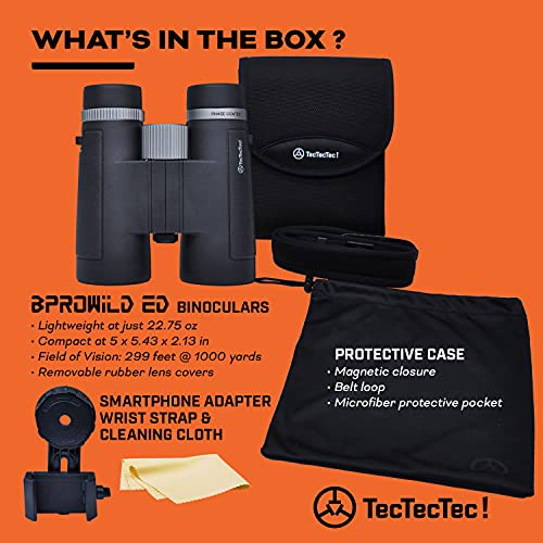 TecTecTec BPRO Wild 10x42 ED Hunting Binoculars Outdoors Birdwatching HD Professional Binoculars with Phone Mount Strap Carrying Bag for Travel Sports, and Watching Wildlife Scenery - Black