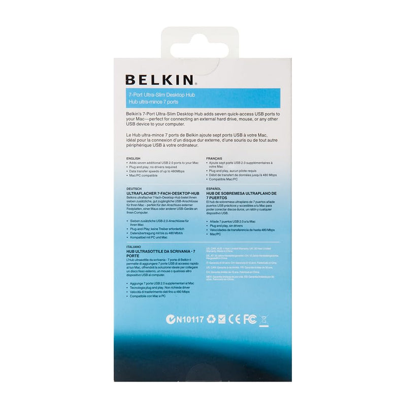 Belkin 7-Port USB 2.0 Ultra-Slim Desktop Hub | Expands USB connectivity for desktop and laptop, slim low-profile design, compatible with keyboards, mice, and drives