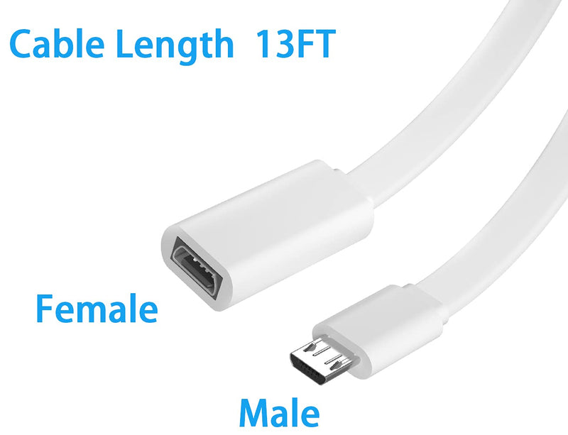 2 Pack 13FT Micro USB Extension Cable for Zmodo,Male to Female Extender Flat Power Cord Compatible for Wyze Cam v3 v2,Yi Camera,Oculus Go,Netvue,Nest Cam,Blink,Furbo Dog Home Security Camera