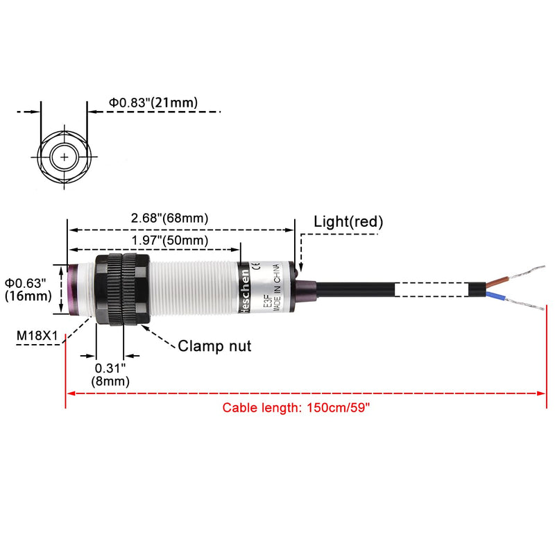 Heschen M18 Column Infrared Photoelectric Proximity Switch, Diffuse Reflection Type, E3F-DS10Y2, Detection Distance 10 cm, 90-250VAC 400mA, Normally Closed (NC), 2 Wires
