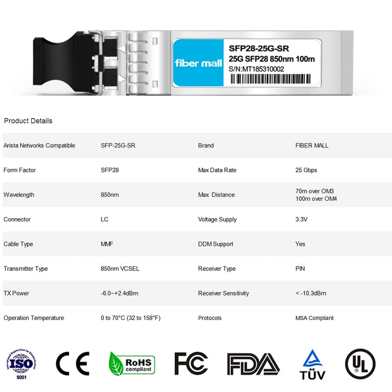 25G SFP28 SR for Arista Networks SFP-25G-SR,Compatible 10/25GBASE-SR SFP28 850nm 100m DOM LC MMF Optical Transceiver Module 25GBASE-SR : 100m