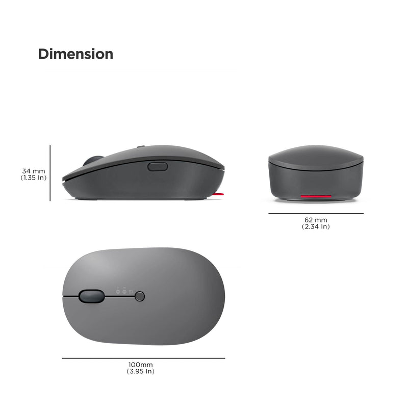 Lenovo Go Multi-Device Wireless Mouse, 2.4GHz Nano USB-C Receiver, Bluetooth, Adjustable DPI, USB-C Rechargeable Battery, Qi Wireless Charging, Ambidextrous, GY51C21211, Grey