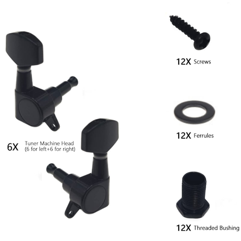 12Pcs Guitar String Tuning Pegs Tuner, Silver Machine Heads Knobs for Electric & Acoustic Guitar 6L 6R Black