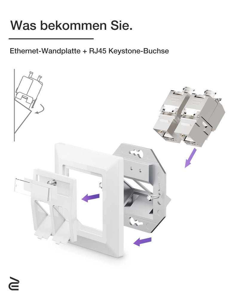 VCELINK 1x Keystone Network Socket Flush-Mounted CAT7/6A 2-Way Lan Socket Double Keystone RJ45 Module, STP Fully Shielded, RJ45 Ethernet Data Socket DSL Patch Cable Installation Cable 1-Pack