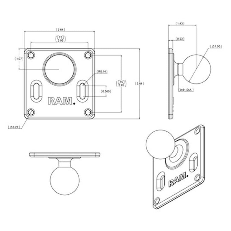 RAM MOUNTS VESA Mount Plate with C Size 1.5" Ball, 75x75mm Adapter | Marine-grade aluminum mounting plate compatible with monitors, tablets and displays