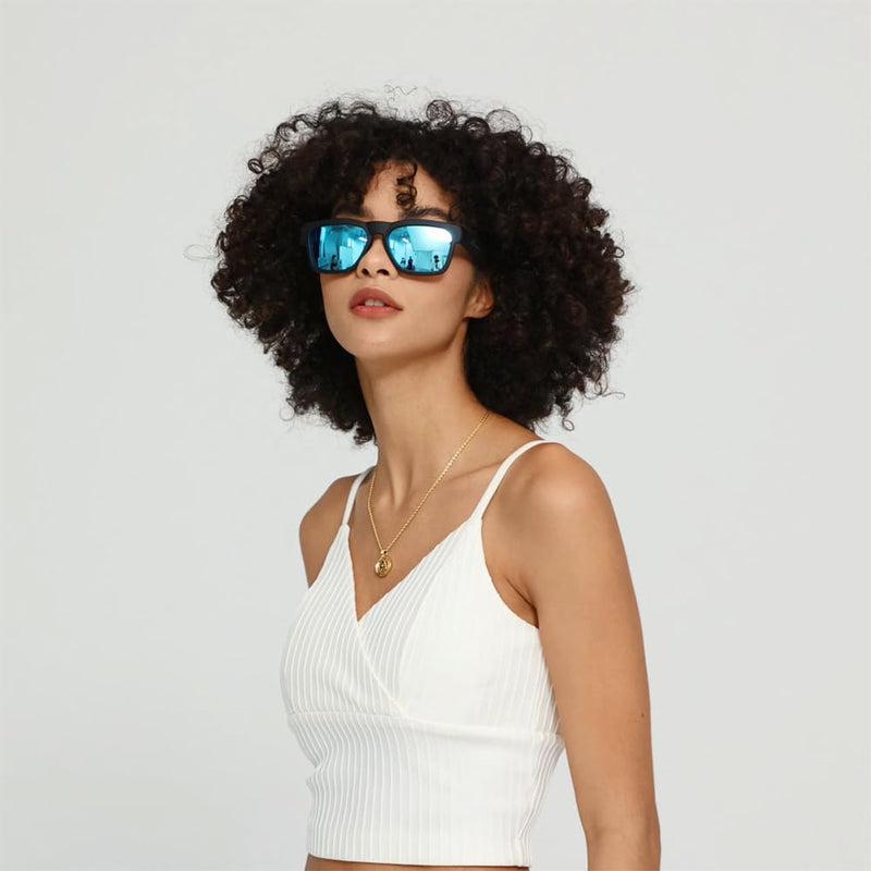 OhO Bluetooth Audio Sunglasses, Lightweight Sport Glasses, 10H Playtime, UV400 ANSI Z87.1, Water Resistant with Voice Control Black丨Ice Blue Lens