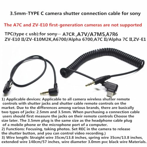 (3.5mm-USB c) for Sony a7v/a7m5/a7r6 Shutter Release Connection Cable Camera a6700 a7c r/a7cII/ZV-E1/ZV-E10 II 13.8in Flash Starter Remote Control Accessory Wire(3.5mm-Type c Cable 2pcs) 3.5-TPC SY