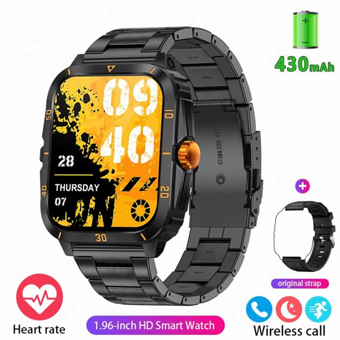 Smart Watch for Men, 1.96 Inch HD Screen, 3ATM Waterproof, 430mAh Battery, Bluetooth 5.3 Call, Music Control, Heart Rate Monitor, Outdoor Sport Smartwatch
