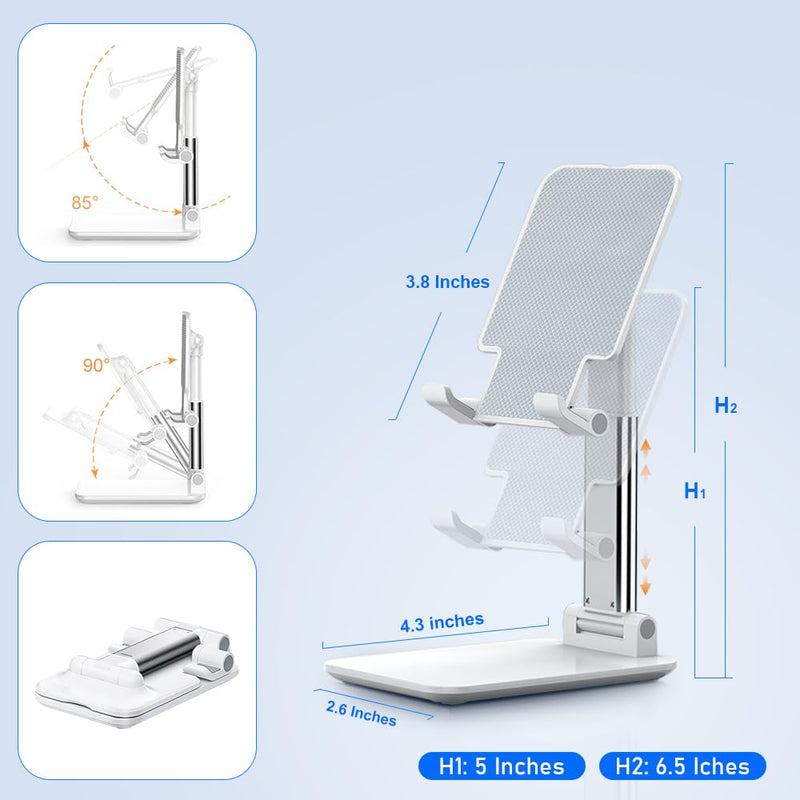 Cell Phone Stand, Angle Height Adjustable Cell Phone Holder with Silicon Pad for Desk Fully Forldable Mobile Phone Holder Compatible with All Mobile Phones, MT-6, (White) White