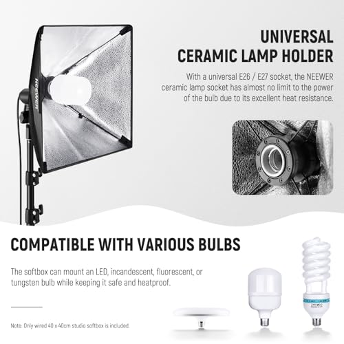 NEEWER 16x16in/40x40cm Softbox with E26 Porcelain Socket/Power Cord/White Diffuser/Stand Adapter, Durable Nylon Softbox Lighting Modifier for Studio Photography Lighting, SF4040 (US Plug) 40X40cm