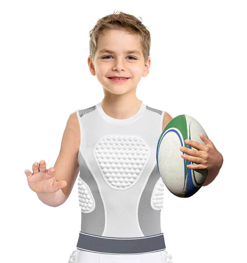 [AUSTRALIA] - Cabasse Youth Padded Protective Shirt, Chest Rib Protector Heart Guard Sternum Shirt for Football Paintball Baseball Small White/Grey 