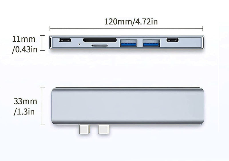 USBC_7_in_2_Hub : 7 in 2 USB C Hub Compatible with MacBook. 1 USB C & 2 USB A Data Ports, 1 SD & 1 microSD Card Reader Ports, 1 USB C (Thunderbolt 3) 87W Power Delivery Port, 1 4K HDMI Port.