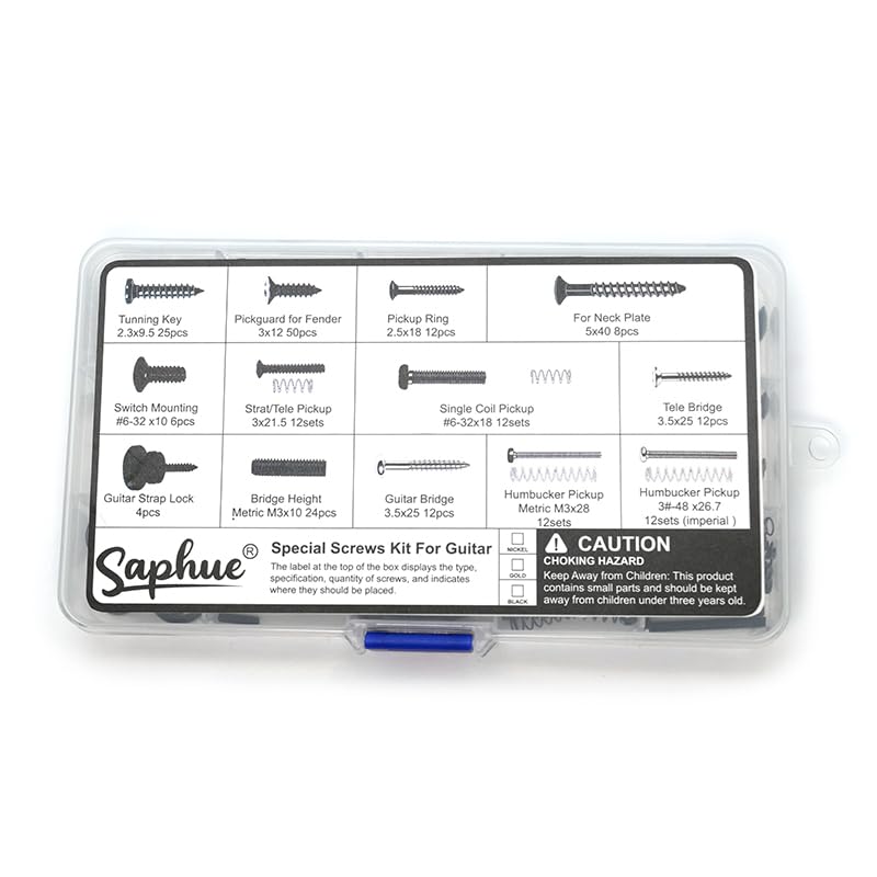 SAPHUE Guitar Screw Kit,201pcs Telecaster Kit, Pickguard Screws， Switch Plate Screws,For Fender/Tele/Strat/Sq,Tuner,Machine Head, Neck Plate,Guitar Strap End Pins,Pickup,Bridge, Guitar Repair Kit multi-size Black