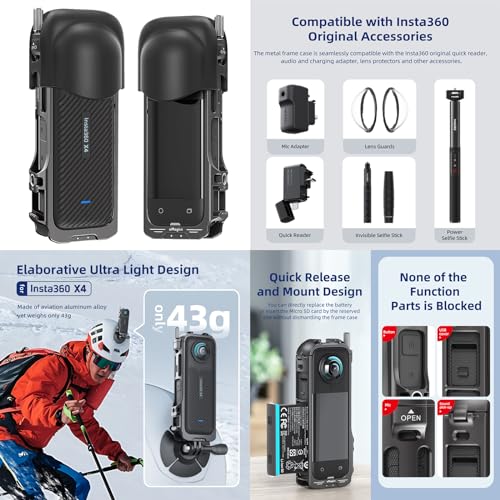 Insta 360 X4 Aluminum Metal Frame Cage Mount Clamp with Silicone Lens Cap Screen Protector for Insta360 X4 X 4 Camera Accessories Kit Multi-use Adapter Case Bag Anti-Scratch Hard Film Cover