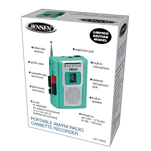 Jensen CR-100 Retro Portable AM/FM Radio Personal Cassette Player Compact Lightweight Design Stereo AM/FM Radio Cassette Player/Recorder & Built in Speaker (Teal Limited Edition) Teal