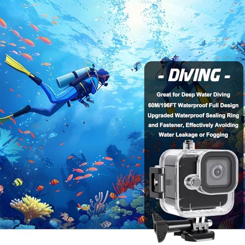 BO&DQQ Compatible for Go Pro Hero 4K (13 Mini) Black Waterproof Housing Case 60M/196FT Protective Underwater Diving Case Shell with Cameras Handle Mount Accessories Kit for Hero 4K Black