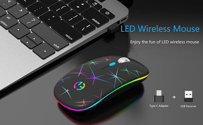 Wireless Mouse, 2.4G Portable Optical Quiet RGB Mouse with USB Receiver and Type C Adapter, 3 Adjustable DPI Levels, Wireless Computer Mouse for Laptop, Computer, PC, MacBook, Desktop Black