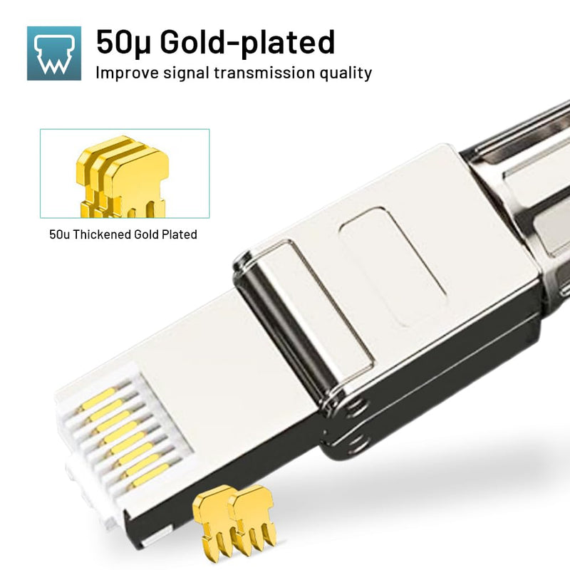 Cat7 Cat6A RJ45 Connector 12-Pack, Tool-Free Zinc Alloy Shielded Ethernet Termination Plugs for Cat7 up to 23AWG Solid Bulk S/FTP Ethernet Cable