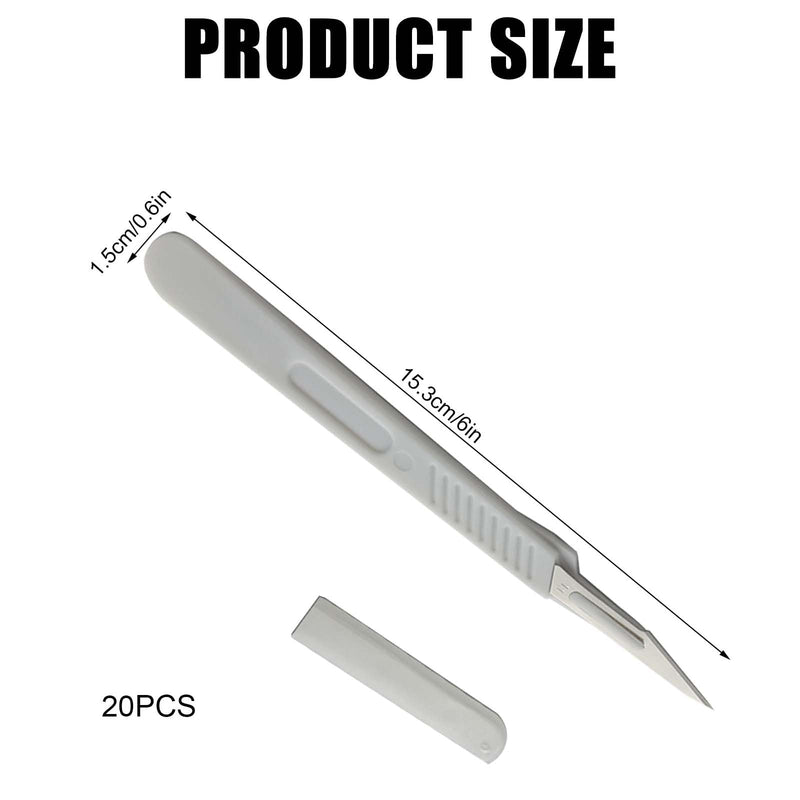 Pack of 20 Scalpel Blades, Scalpel Knife with Scalpel Handle, Plastic Surgical Scalpel Knives, Carbon Steel Scalpel Blades, Replacement Blades with Protective Cap, Individually Sterile Packed (White) White