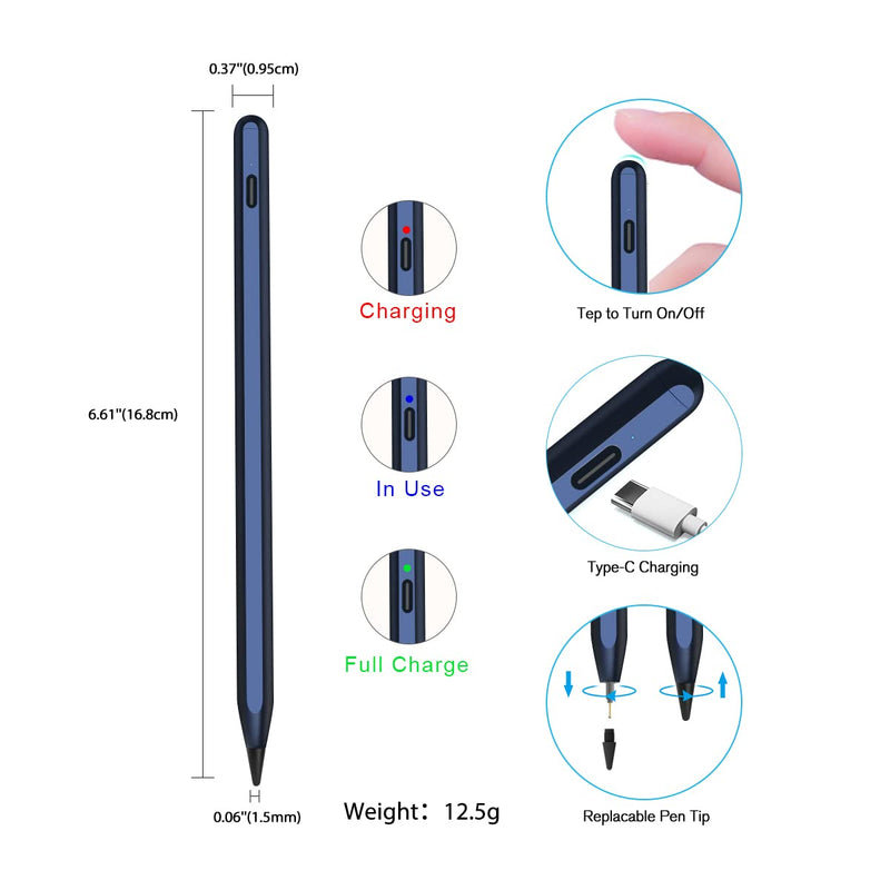 Stylus Pencil for iPad 9th Generation, Active Pen with Palm Rejection Compatible with (2018-2022) Apple iPad 9th 8th 7th Gen/iPad Pro 11 & 12.9 inches/iPad Air 4th 5th Gen/iPad Mini 6th Gen (Blue) Blue