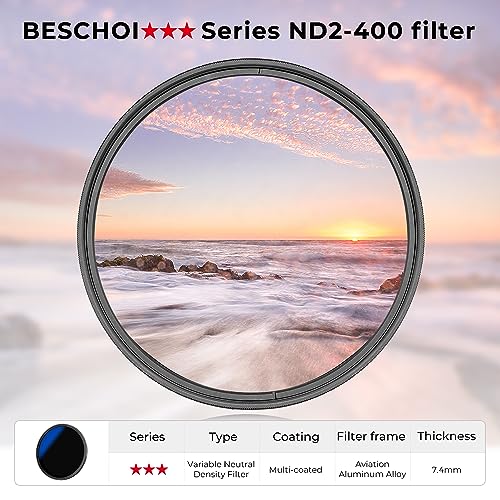 Beschoi 58mm MRC Variable ND Filter ND2-ND400, Neutral Density Adjustable ND Filter (0.3 to 2.7,1 to 9 Stops), Multi Layer Coated Optical Glass, Water Repellent & Scratch Resistant Ultra Slim Filter