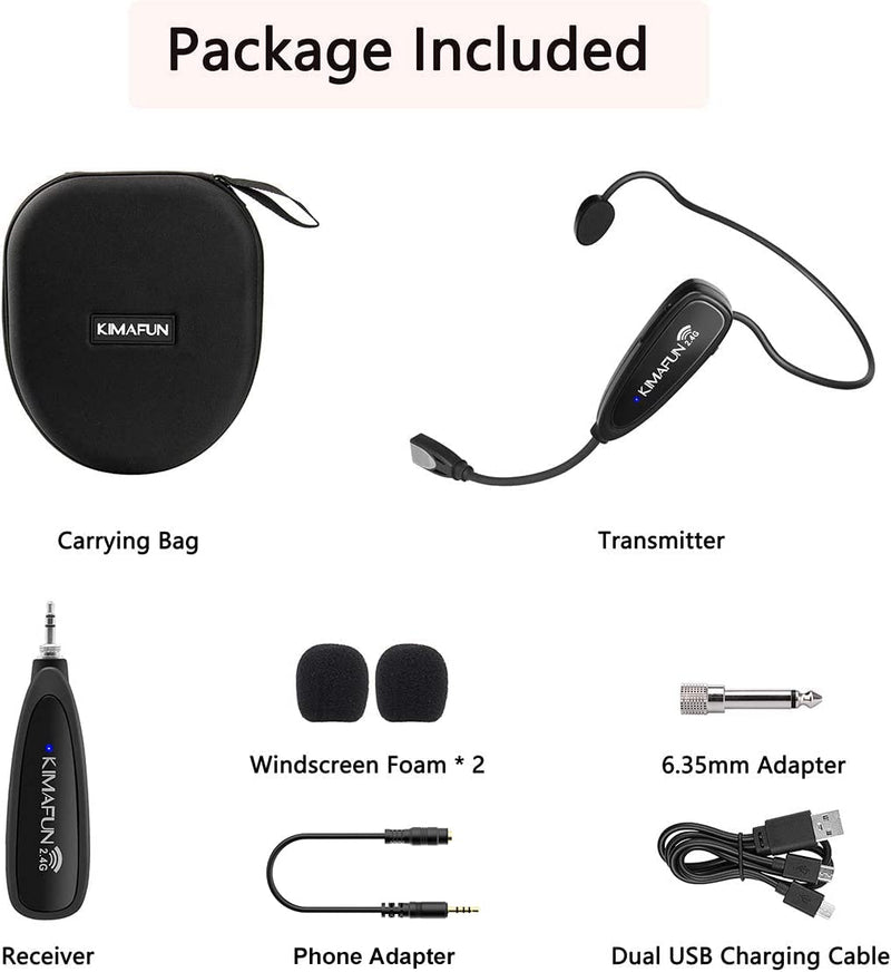 KIMAFUN Headset Wireless Microphone System, No Need Bluetooth, Waterproof Head Mic for Fitness Instructor, Teaching Online, Yoga Classroom, Spinning Coach, Speaker, iPhone, Android Phone, G100-1