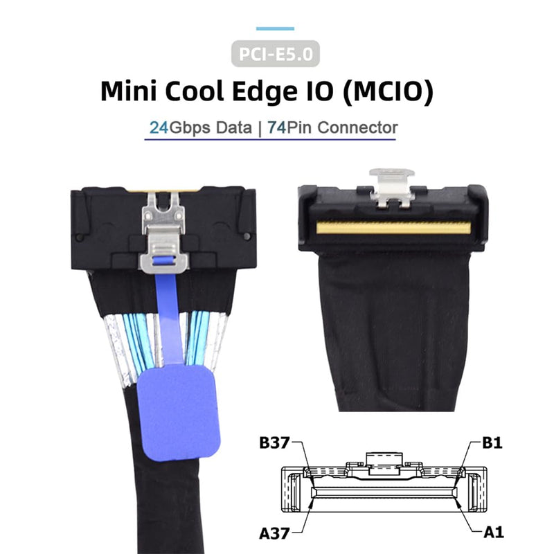 PCI-E 5.0 Mini Cool Edge IO MCIO Angled PCI-E Slimline SAS 8i 74Pin Male to MCIO 74Pin Male Extender Cable 35cm MCIO to MCIO UP
