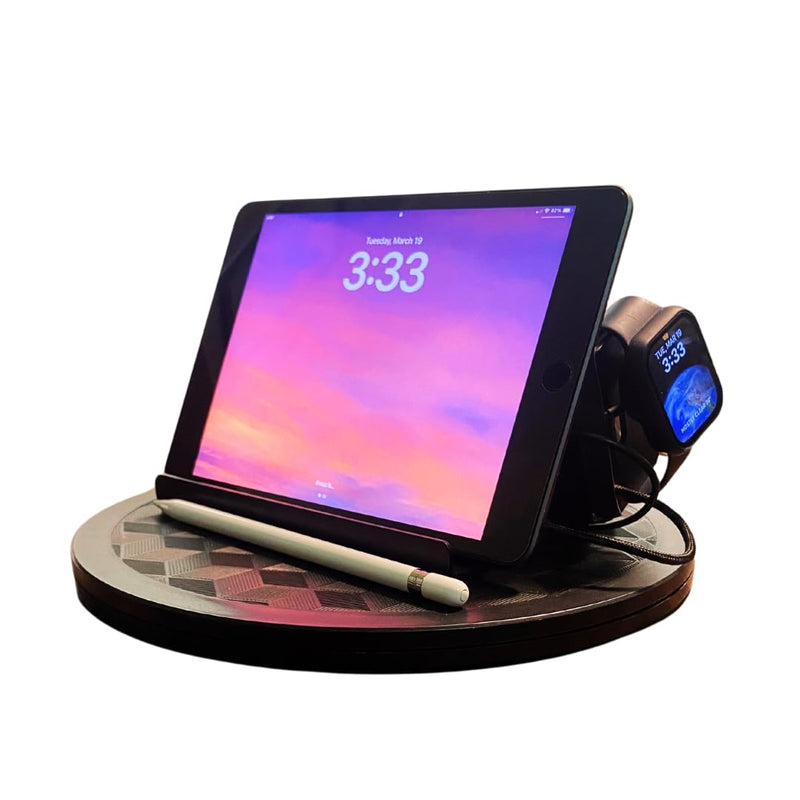 Mobile Cell Phone and Tablet Stand Holder with Audio Enhancement, Dual Docking, Non-Slip Base Pads. Mounts on Desk, Kitchen Counter, Nightstand or Bed. Buy The Stand Get The Turntable Free!