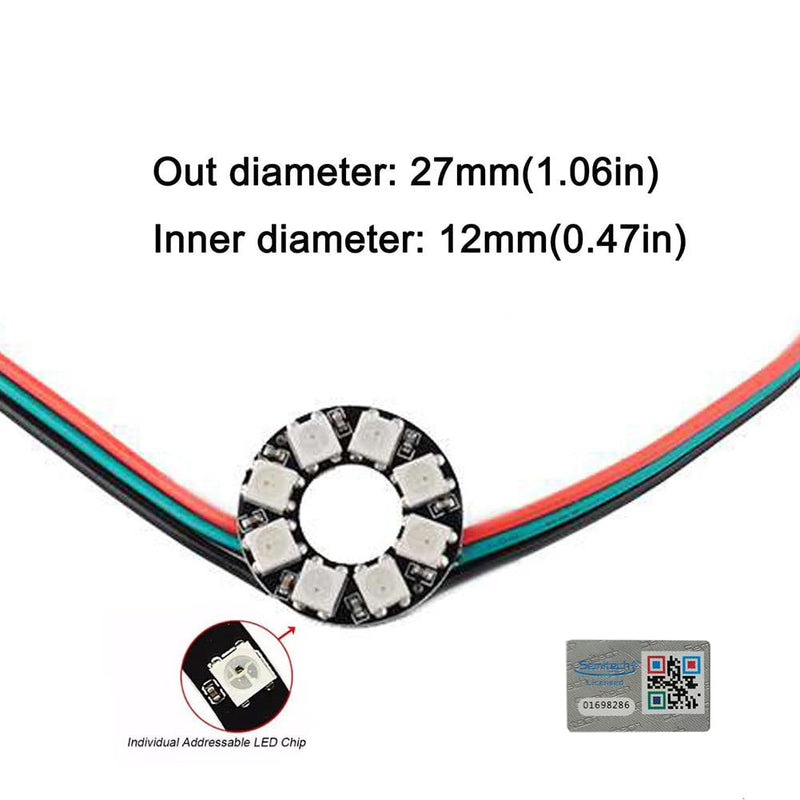 8 Bits WS2812 RGB LED Ring with SM2.54-3P Wire, DC5V WS2812B 5050 Full Color LED with Integrated Drivers Individually Addressable for Arduino Raspberry Pi ESP8266 Nodemcu (Pack of 2pcs)