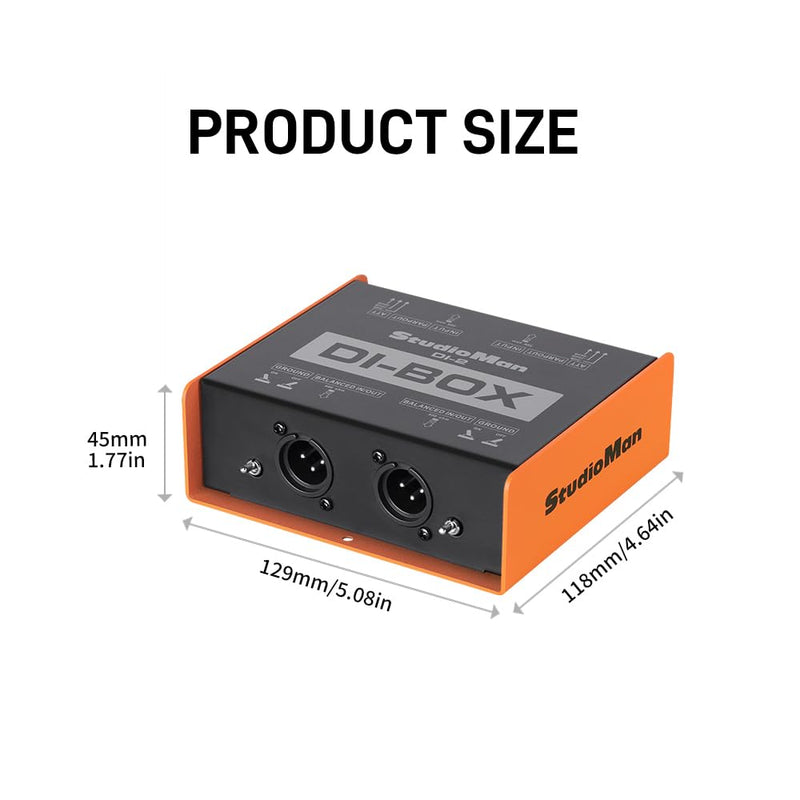 StudioMan DI-2 Dual Channel Passive DI Box, 2-Channel Balanced XLR/TRS, Ground Switch per Channel, 50KΩ Input Impedance, Orange/Black for Live/Studio