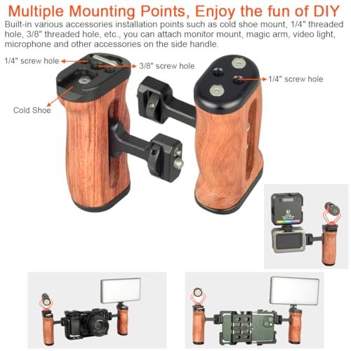 Wooden Camera Cage Side Handle Grip with 1/4" Screw Locating Mount for ARRI, Mini Side Handle for Smartphone Cage Video Rig and Action Camera Cage Compatible with Gopro/Insta360/DJI Osmo