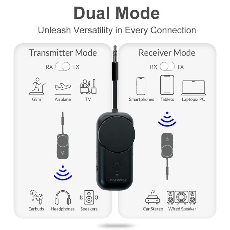 HomeSpot Bluetooth 5.3 Airplane Adapter, Rotary Volume, aptX Low Latency & Adaptive, 25 Hrs, Use with Any 3.5mm Jack on Airplanes, TVs, Car, Gym, Ideal for AirPods, Headphones and More, Black