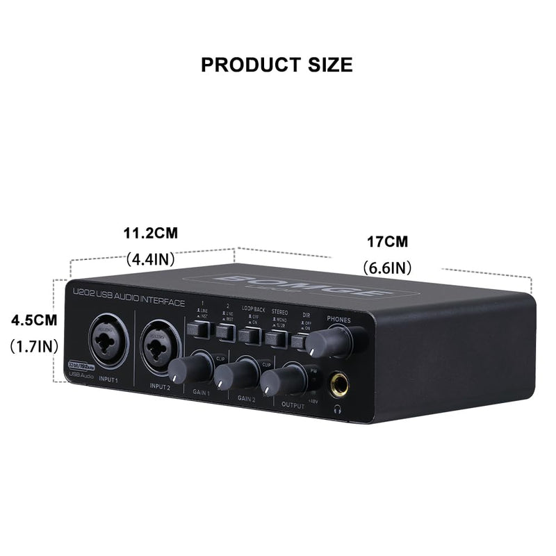 BOMGE U202 USB Audio Interface with Mic Preamplifier XLR/TSR/TS Ports,48V,32-Bit/192kHz Resolution fro computer recording,Streaming,Podcasting