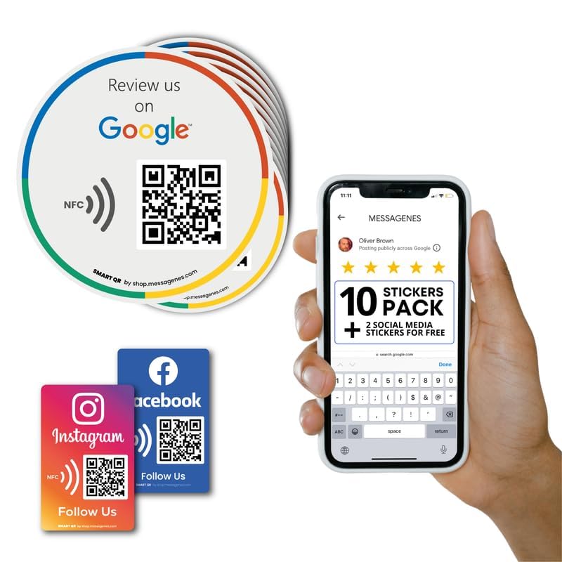 Reusable Review Tap Sticker for Google Reviews - 10-Stickers Pack - QR & Tap NFC Sticker - Review Us on Google Tap Sticker - iPhone & Android - Boost My Reviews Sticker - Set Up at Home | MESSAGENES