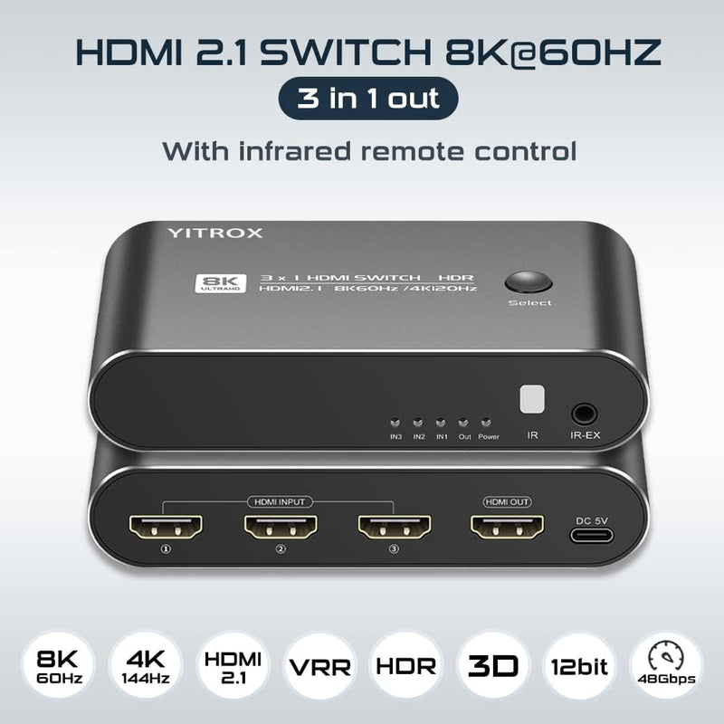 8K 120Hz HDMI Switch 3 in 1 Out, HDMI Splitter, HDMI 2.1 Switch, HDMI Selector 48G HDR 10+ Dolby Atmos with Remote, Compatible with PS4/PS5, Xbox, Fire Stick, Apple TV, Roku, HD TV………