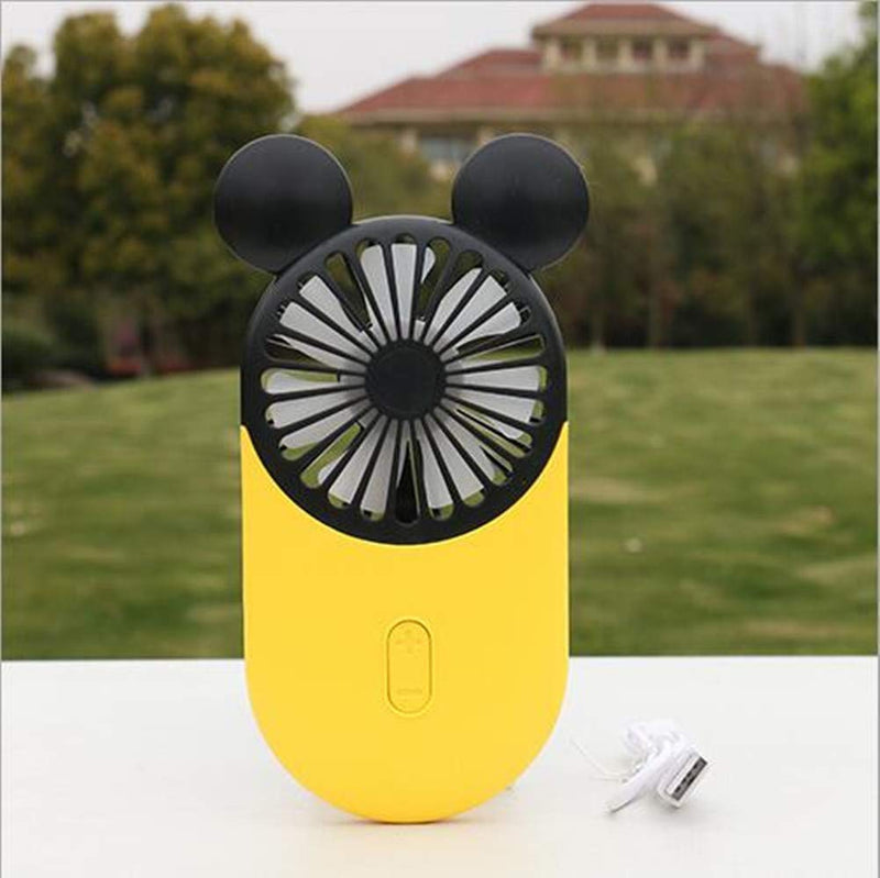 Kbinter Cute Personal Mini Fan, Handheld & Portable USB Rechargeable Fan with Beautiful LED Light, 3 Adjustable Speeds, Portable Holder, for Indoor Or Outdoor Activities, Cute Mouse (Yellow) Yellow