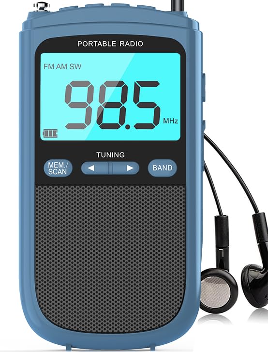 Portable AM/FM/SW Radio with Best Reception,900mAh Walkman with LCD Display, Headphones,Pocket Radio Rechargeable Battery,Digital Tuner and Presets for Walking Blue