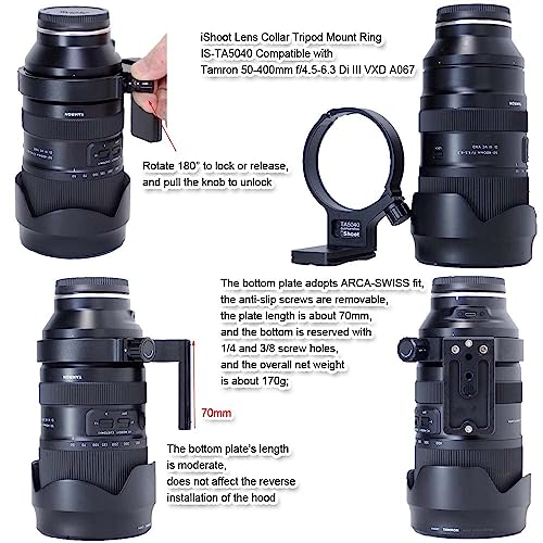 iShoot Metal Tripod Mount Ring Lens Collar Compatible with Tamron 50-400mm f/4.5-6.3 Di III VXD A067, Lens Support Holder Bracket Bottom is Arca-Swiss Fit Quick Release Plate Dovetail Groove