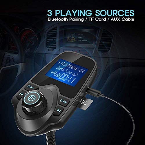 Nulaxy Bluetooth Car FM Transmitter Audio Adapter Receiver Wireless Handsfree Voltmeter Car Kit TF Card AUX 1.44 Display - KM18 Black Matte