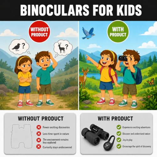 Binoculars for Kids – Perfect Toy for Little Boys and Girls – Extensive Set Incl. Magnifying Glass & Compass – Powerful Magnification 8X21 – 3 to 12 Year Old Kids for Toddler Black