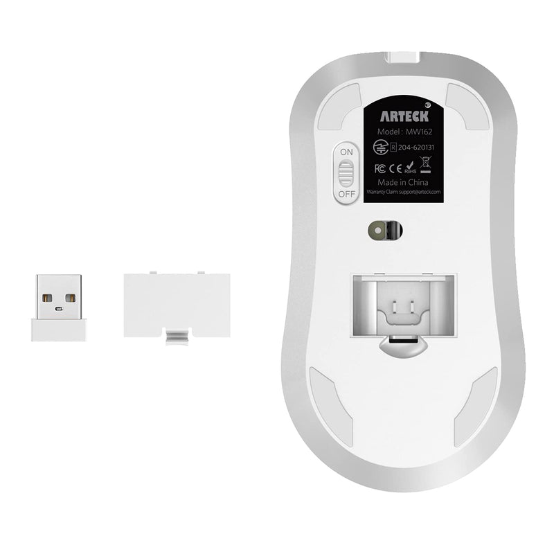 Arteck 2.4G Wireless Mouse with Nano USB Receiver Ergonomic Design Silent Clicking for Computer / Desktop / PC / Laptop and Windows 10/8/7 Build in Rechargeable Battery - White