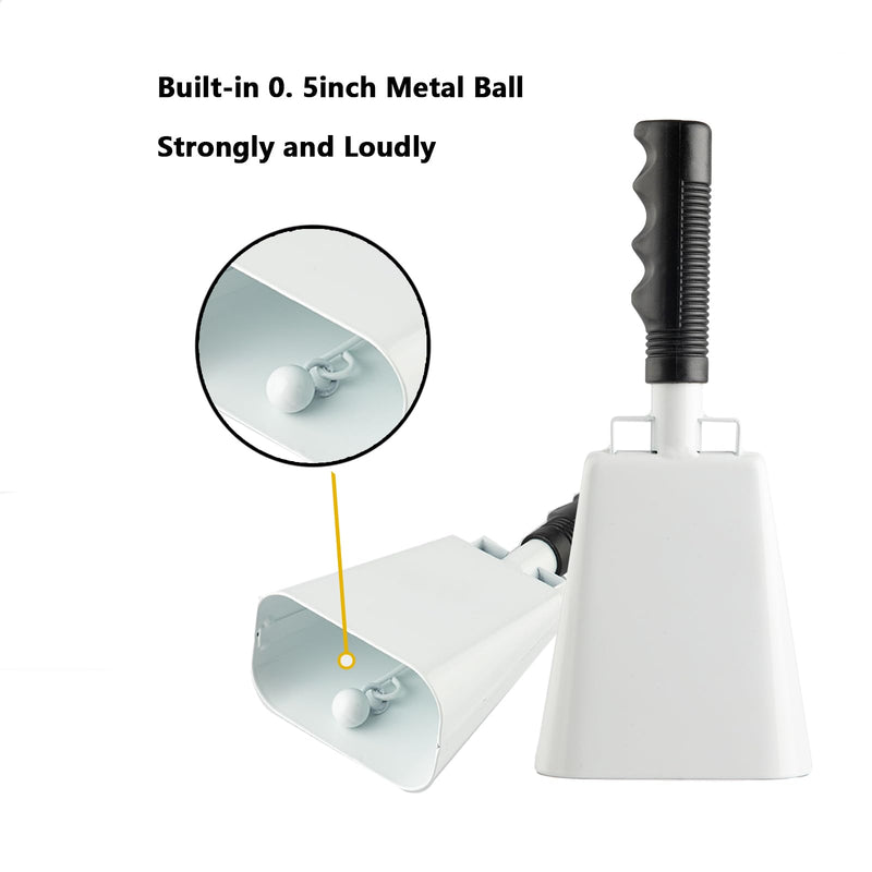 Steel Cowbell with Handle 8 Inch Cow Bells Noise Makers, 2 Pack Large Cowbells for Sporting Events, Hand Percussion Cowbells Cheering Bell for Football Game Party Concert Graduation School (White) White