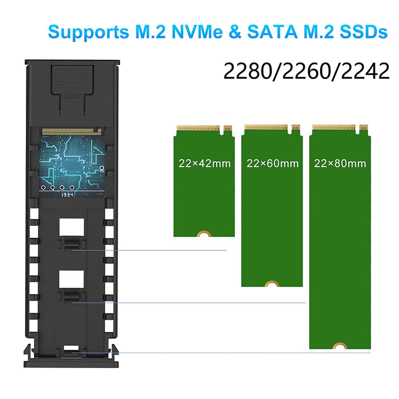 M.2 NVME SATA SSD Enclosure Adapter Tool-Free, RTL9210B Chips, USB C 3.1 Gen 2 10Gbps NVME, 6Gbps SATA PCIe M-Key(B+M Key), Support UASP Trim for SSD Size 2242/2260/2280