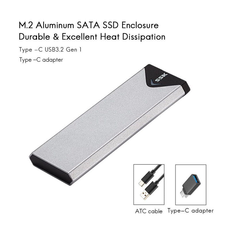 SSK Aluminum USB 3.2 Gen 1 to M.2 SATA NGFF SSD Enclosure Adapter, External SATA Based M.2 Solid State Drive Enclosure Reader (for M.2 SATA SSD only)