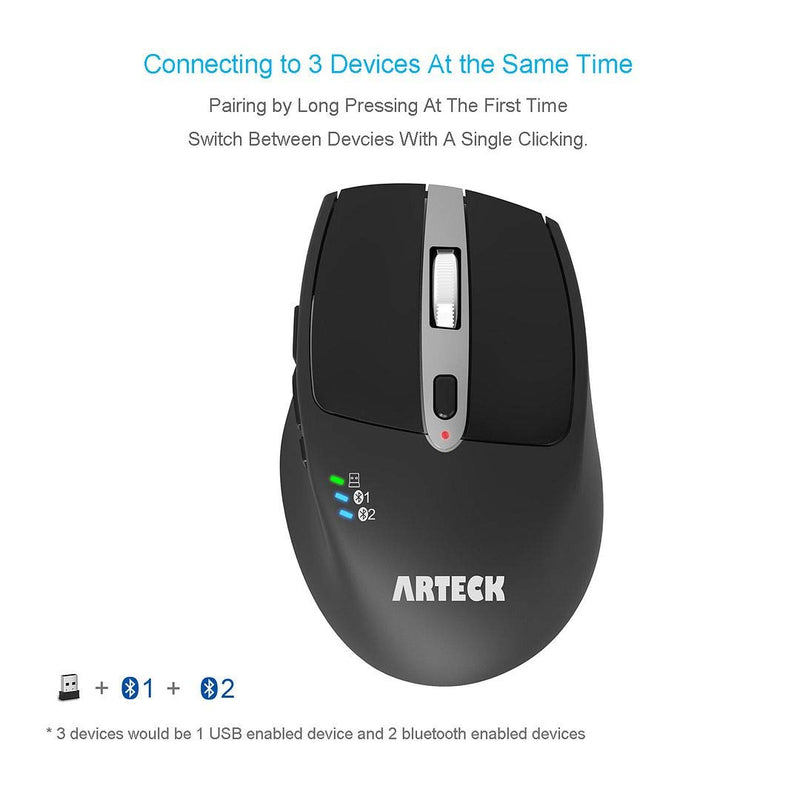 Arteck Multi-Device Wireless Bluetooth Mouse with Nano USB Receiver Ergonomic Right Hand Silent Clicking for Computer Desktop PC Laptop Mac iPad and Windows 10/8 iPad OS Build in Rechargeable Battery Black