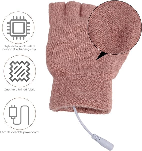 Mens Womens USB Heated Gloves Mitten USB Hands Warmer Laptop Gloves Full& Half Fingerless Winter Warm Heating Gloves Women Pink - 3